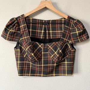 Iorane Brown Plaid Corset Crop Top Puff Sleeve Women's Size 38 Small Academia